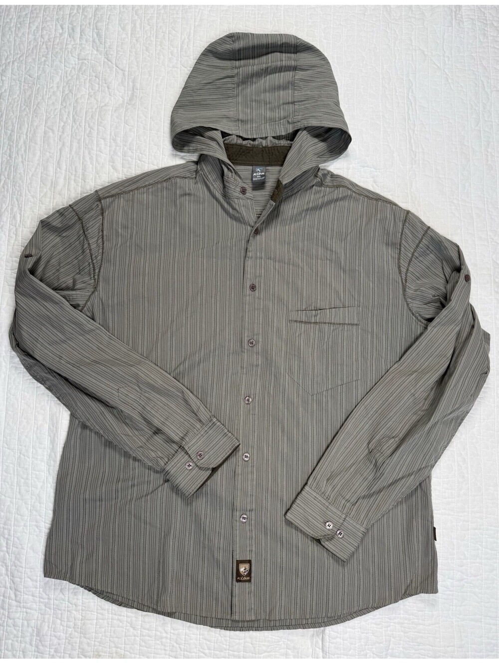 Kuhl Men XXL Hooded Button Down Shirt Gray Stripe Roll Tab Outdoor Hiking